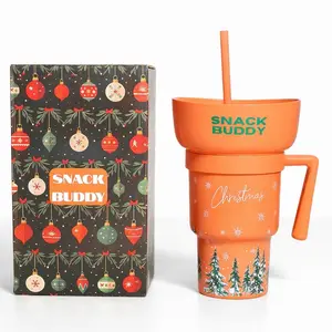 Snack Buddy All-in-One Reusable Plastic Snack Bowl Tumbler with Handle & Straw – Lightweight, Spill-Resistant Snack and Drink Cup for Movie Nights, Travel, Road Trips & Game Days