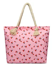 【Local Delivery】Maxoner Women's Large Beach Bag Red Cherry Leopard Print Floral Pattern Travel Tote Bag for Gym Sport Shoulder Bag with Wet Compartment Microfiber Material