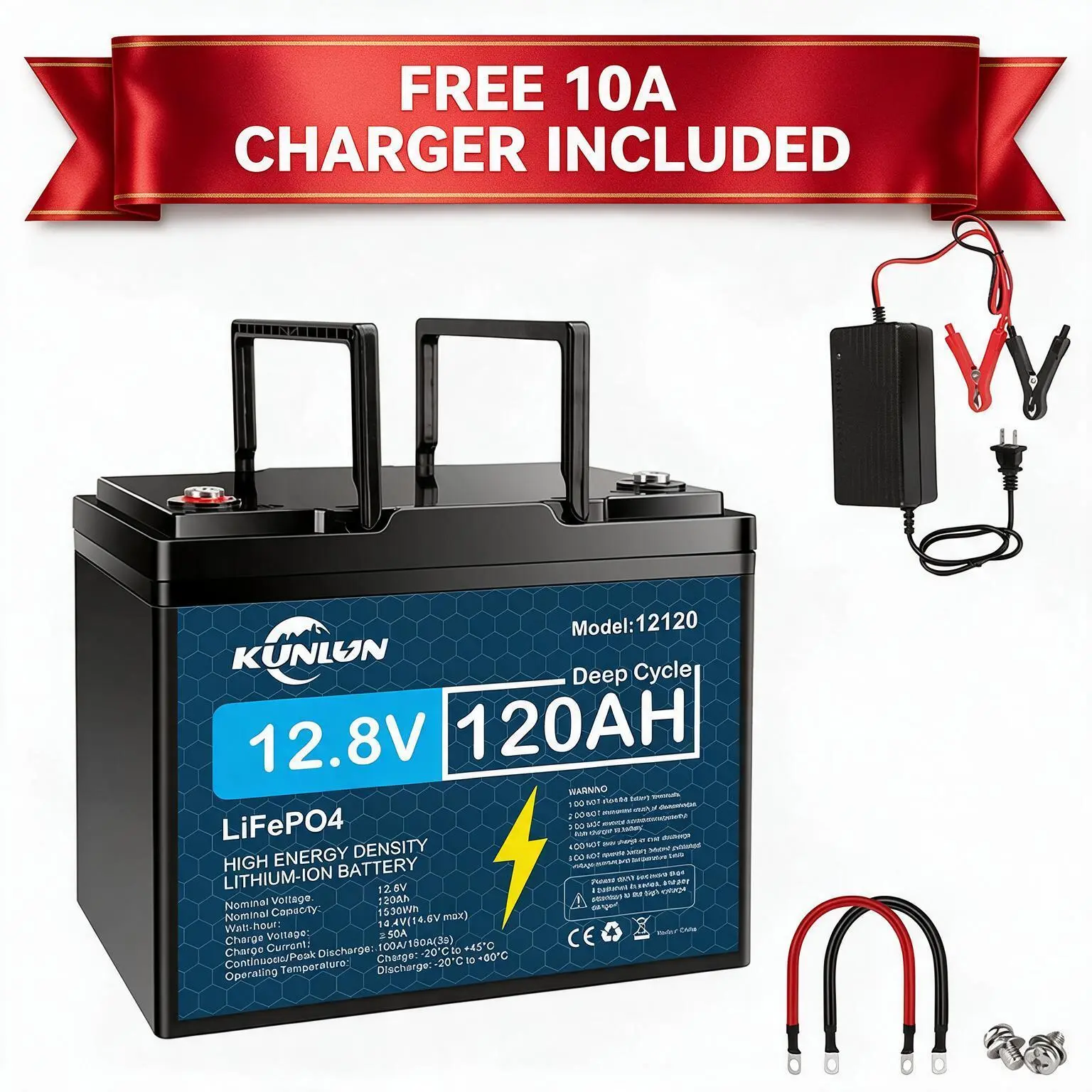 KUNLUN 12V 120Ah LiFePO4 Battery, 12.8V 1536Wh, Built-in 100A, Smart BMS, 5000+ Deep Cycles, 10-Year Life, 4S/4P, For Trolling Motor, Off-Grid, Solar, RV, UPS