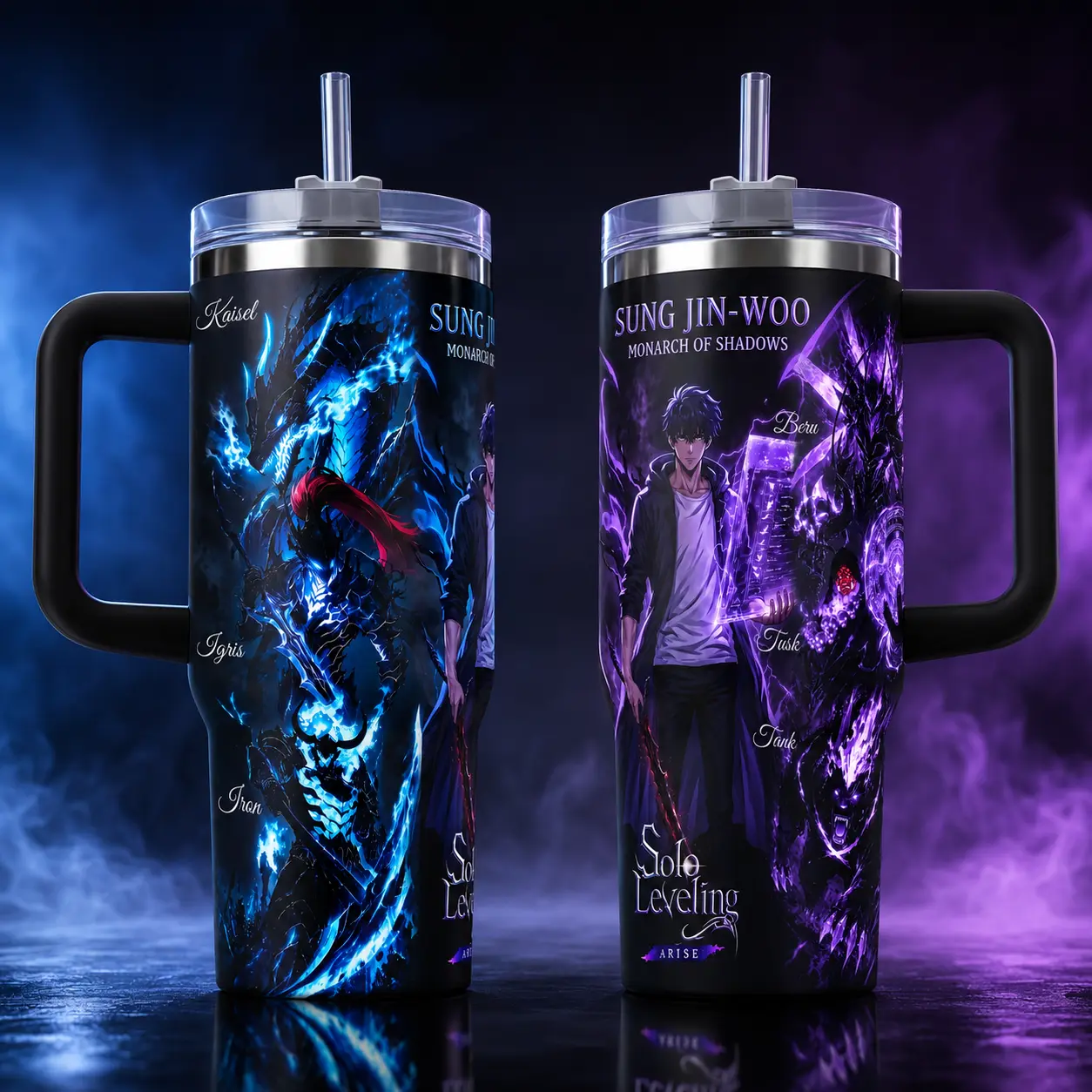 Solo Leveling Sung Jin-Woo Shadow Army Anime 40oz Tumbler Cup, Blue Black Stainless Steel Insulated Tumbler