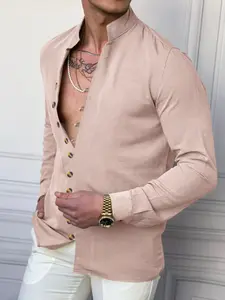 Men's Solid Color Multi-Button Casual Button Down Shirts, Loose Casual Long Sleeve Outerwear for Spring & Fall, Fashion Men's Clothes for Daily Wear, Menswear