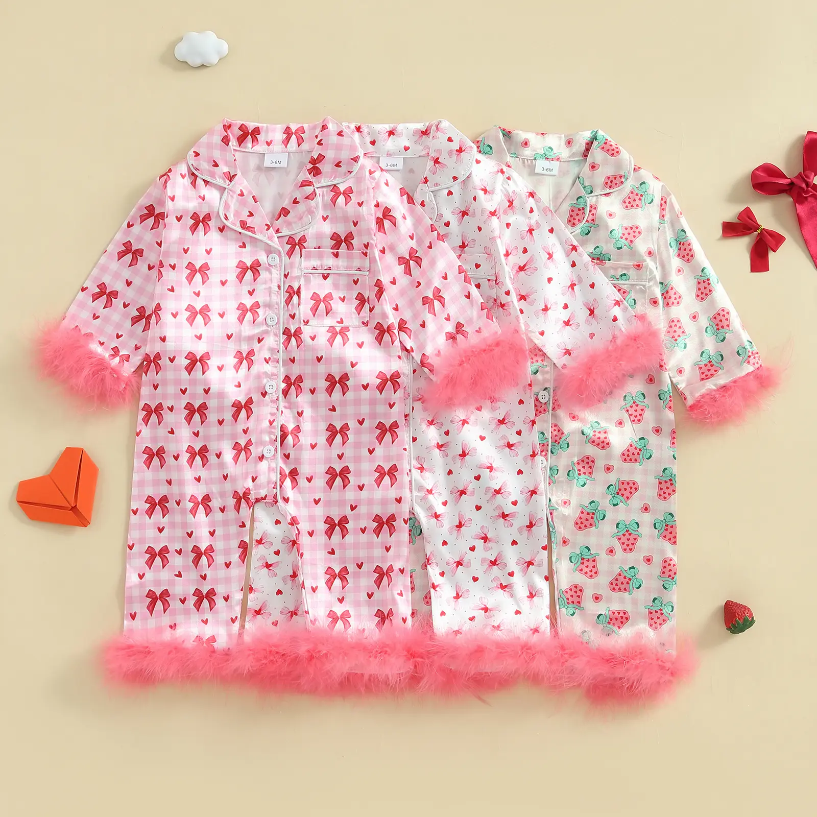 Toddler Baby Girl Satin Pajamas Set Fuzzy Trim Long Sleeve Button Down Shirt Tops Pants Little Kids Sleepwear suit