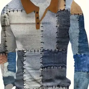 Men's long sleeved contrasting printed polo shirt, button down casual shirt, fashionable pairing