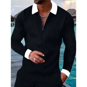 Men'sFashionLongSleeveQuarter-zipFabricMenswearPolyesterStretchGolfShirtWithColor-BlockDesign
