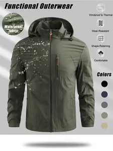 Men's Outdoor Waterproof All Weather Resistant Long Sleeve Jacket, Breathable Fall Windbreaker with Detachable Hood, Multi-Functional Raincoat, Durable & Warm