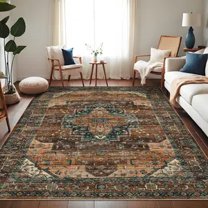 Vintage Printed Carpet Oriental Floral Carpet Soft Foldable Carpet Anti-Fouling Anti-Slip Suitable For Living Room Bedroom Laundry Room Hallway