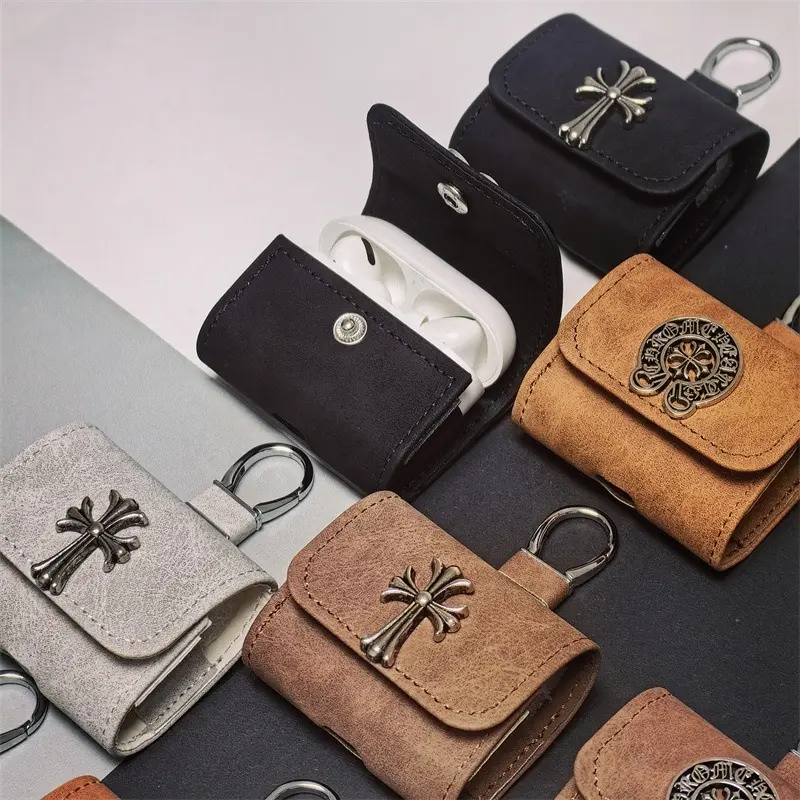 Vintage Leather Wireless Earbuds Protective Case with Keychain, Gothic Style Shockproof Charging Cover