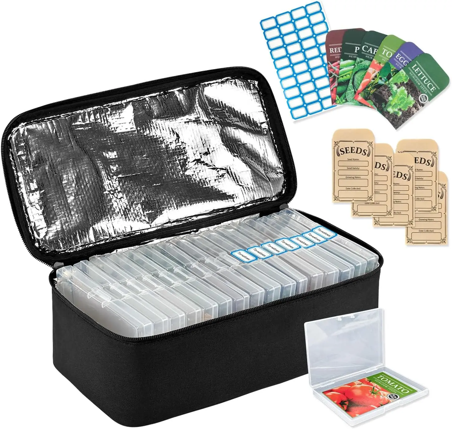 Seed Storage Organizer Box, 16 Slot Garden Seed Container Holds 80-100 Seed Packets with Insulated Bag, Envelopes & Label Stickers for Vegetable, Flower & Plant Seeds