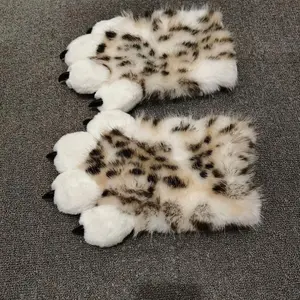 1 Pair Leopard Print Kigurumi Cat Paws Plush Furry Cosplay Cartoon Kig Costume Nail Tiger Claws Full Finger Performance Props
