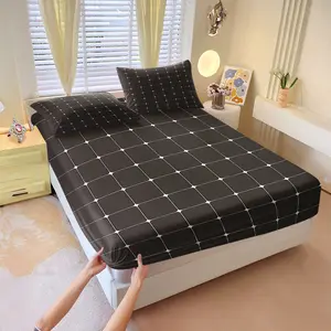 Dark brown fitted sheet set with white checkered print (3 pieces), 1 fitted sheet and 2 pillowcases, 3D checkered pattern, Understated and sophisticated style, Soft and gentle on the skin, A must-have for a business-style or mature bedroom, Bedsheet Sets