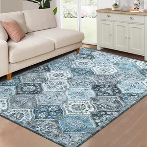 Blue washable carpet vintage print carpet distressed floral carpet Moroccan style carpet anti-fouling non-slip easy to clean suitable for living room bedroom bedside office farmhouse