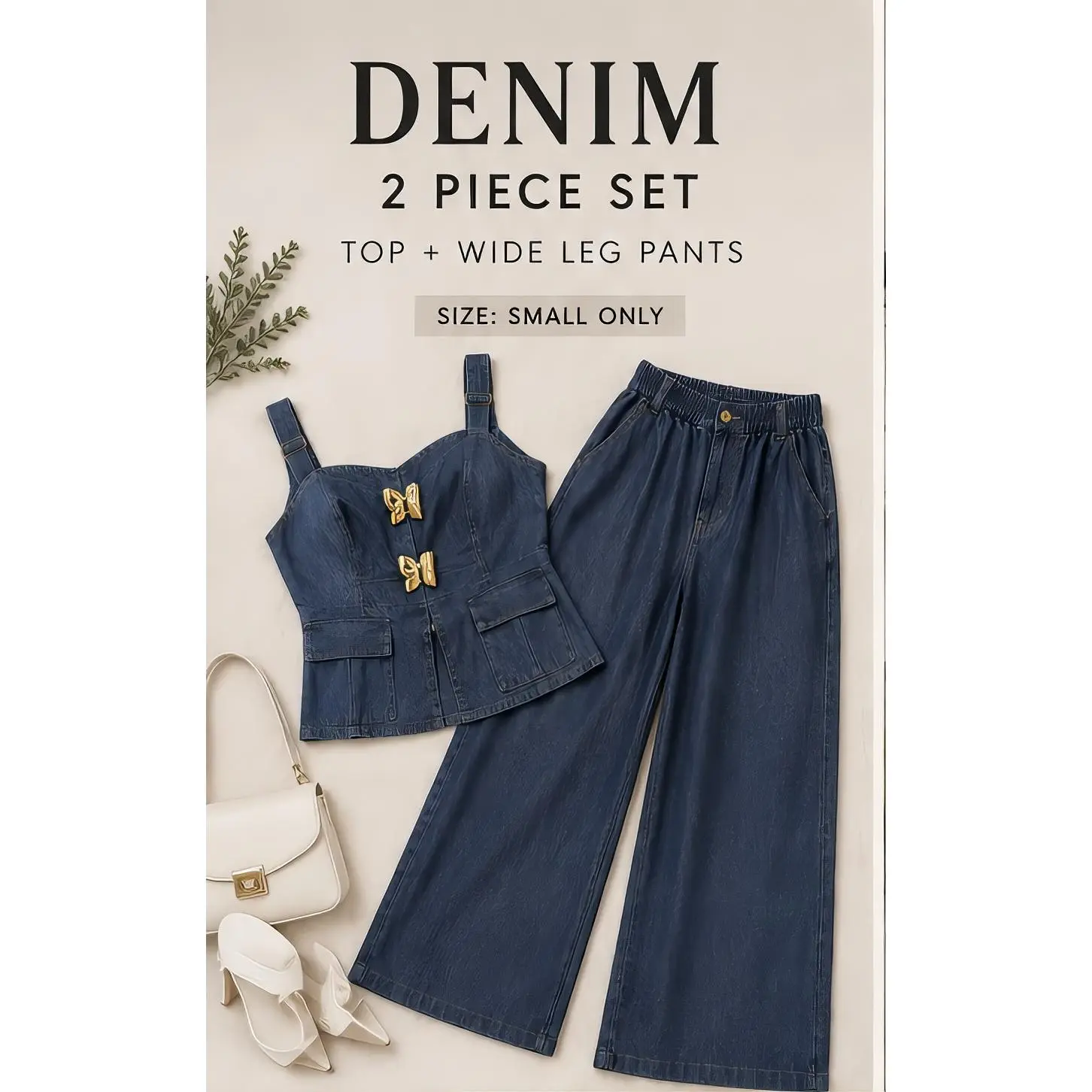 Denim 2 Piece Set Top & Wide Leg Pants Small Size Fashionable Outfit for Women