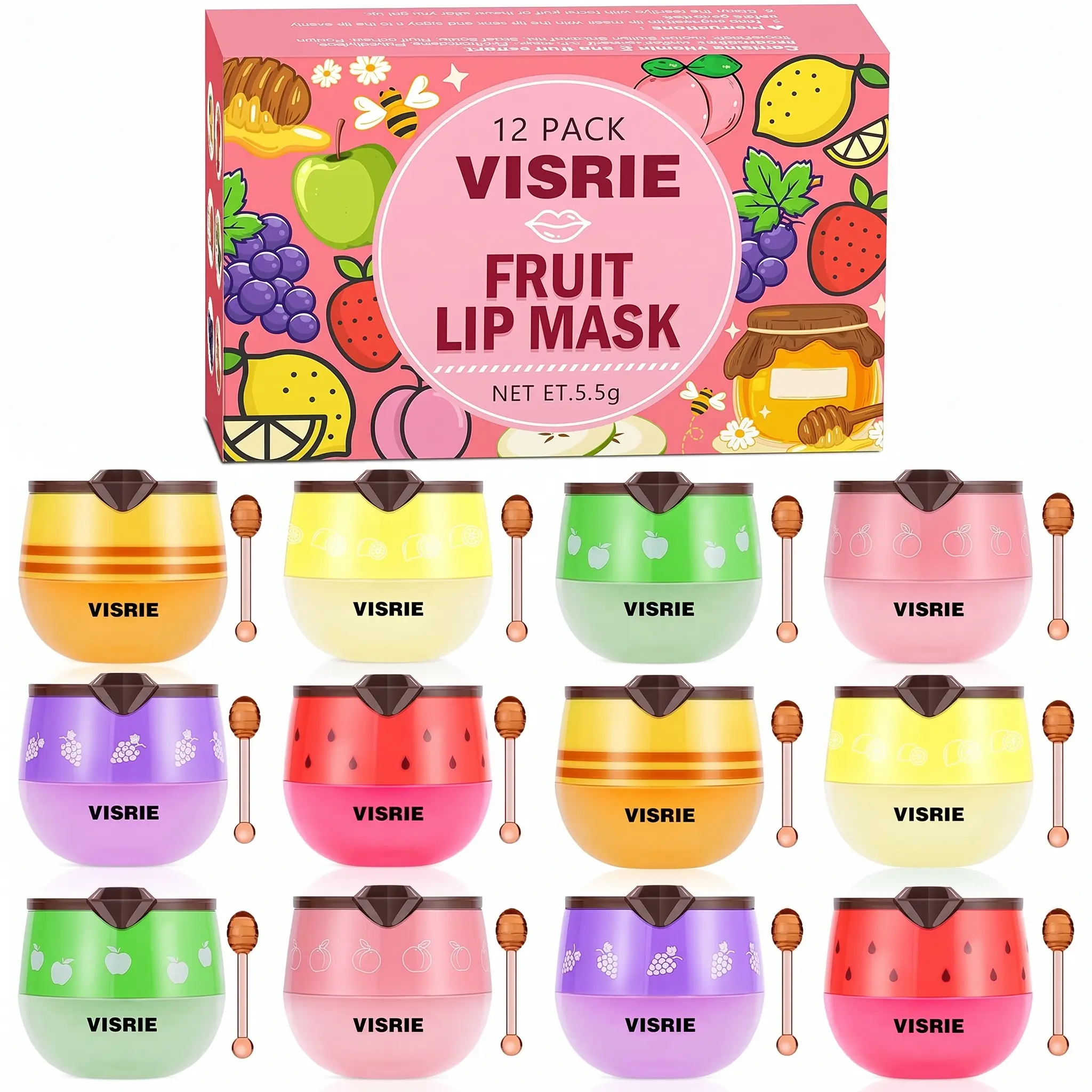 Bee Lip Balm Honey Pot 12 Pack - Propolis Lip Mask Set with Vitamin E, 6 Flavors, Moisturizing Bulk Gift for Dry Cracked Lips