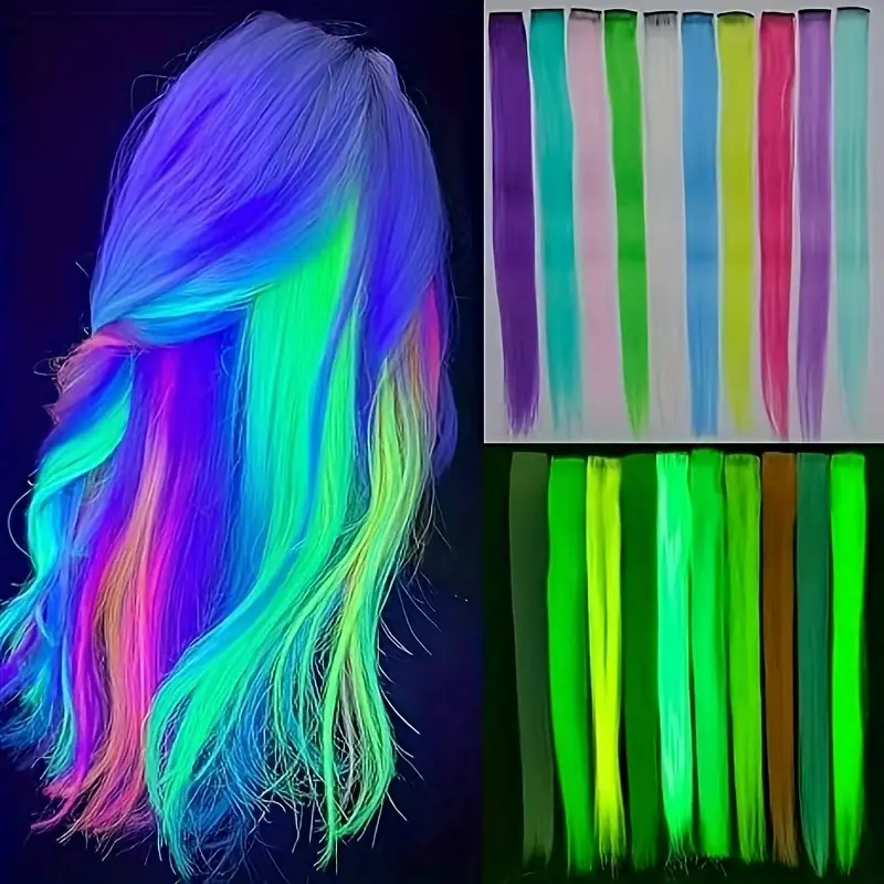 ZIHAN 10 Pcs 22in Glow-in-Dark Clip-in Extensions Hair, UV-Reactive Colorful Synthetic Straight Hair Extensions, Synthetic Hairpiece Accessories for Women summerwins,summerwins