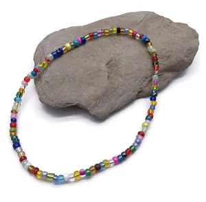 Extra Large XL 12 inch Multi-Color Glass Seed Bead Anklet on Elastic - Colorful Handmade Design