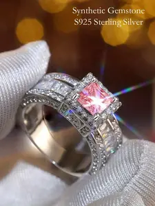 Elegant Engagement Ring Set, Fashionable Princess Square Zirconia Jewelry, Anniversary Wedding Party Gift Box, High-End Silver Color