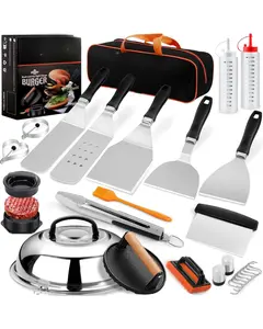 27pcs Griddle Accessories Kit for Blackstone, Professional Hibachi Flat Top Grill Tools, Enlarged Spatula Gift Set with Basting Cover，Burger Press Patty Maker for Outdoor BBQ Teppanyaki