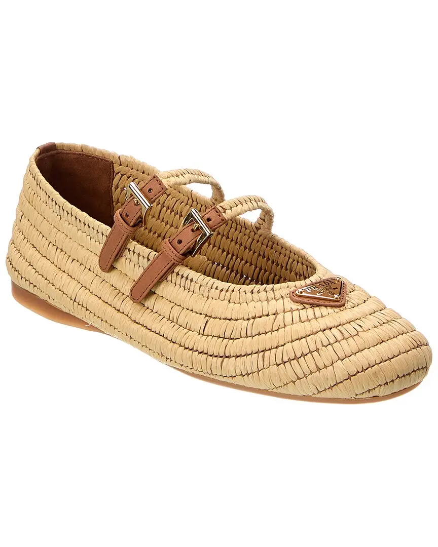 Prada Logo Raffia Crochet Ballerina Flat