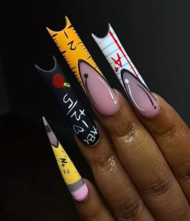 Back to School Teacher Theme Press On Nails Long Duck Flare Pencil Ruler Blackboard Design False Nails Quirky Novelty Fake Nails Full Cover Reusable Acrylic Stick On Manicure Glue On Nails for Women Teen Girls