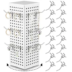 Rotating Countertop Display Kit with 16 Peg Four Sided Pegboard Spinner Organizer 4 x 4 x 12 Inches Retail Display Racks Revolving Countertop for Keychain Supplies(White)