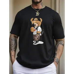 Men's Loose-Fit Round-Neck Short-Sleeve T-Shirt - Cartoon Teddy Bear Print, Summer Casual Streetwear Top, Menswear