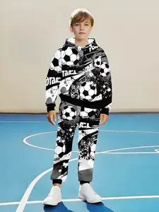 Boys' Spring & Fall 3D Print Hoodie Set, Football Pattern Long Sleeve Sports Top, Outdoor Activities Essential Casual Wear