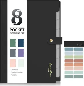 Elegant Accordion File Organizer with Labels, 8 Pocket Expanding File Folder, Portable Folders for Documents, Cute Paper Organizer for School Office Supplies, Letter Size, Black