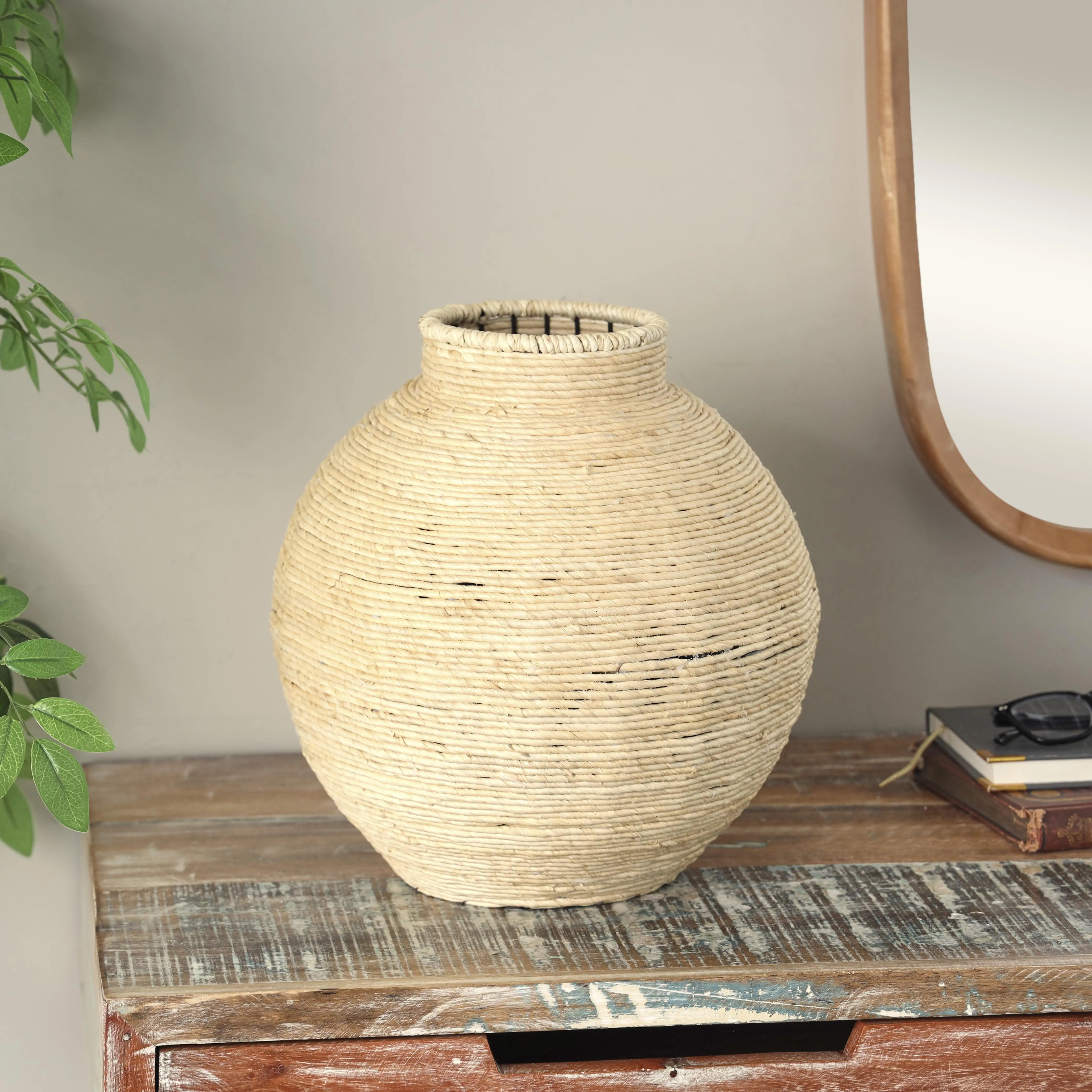 Beige Seagrass  Handmade Wrapped Decorative Vase, 13" x 13" x 13"