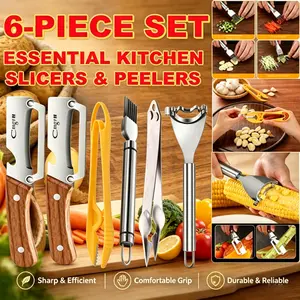 6-Piece Essential Kitchen Peeler & Slicer Set - Wooden Handle Stainless Steel Prep Gadgets: Multifunctional Y Peeler, Julienne Slicer, Scallion Herb Cutter, Shrimp Deveiner for Home Cooking & Camping Kitchen Gift