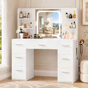 Modern Lighted Vanity Desk Set with LED Lights, 7 Drawers, Power Outlet, Adjustable Brightness, Easy Assembly, Durable Particle Board & Metal Brackets, Makeup Dressing Desk for Bedroom Makeup Routine  Multi-Drawer Makeup Vanities su