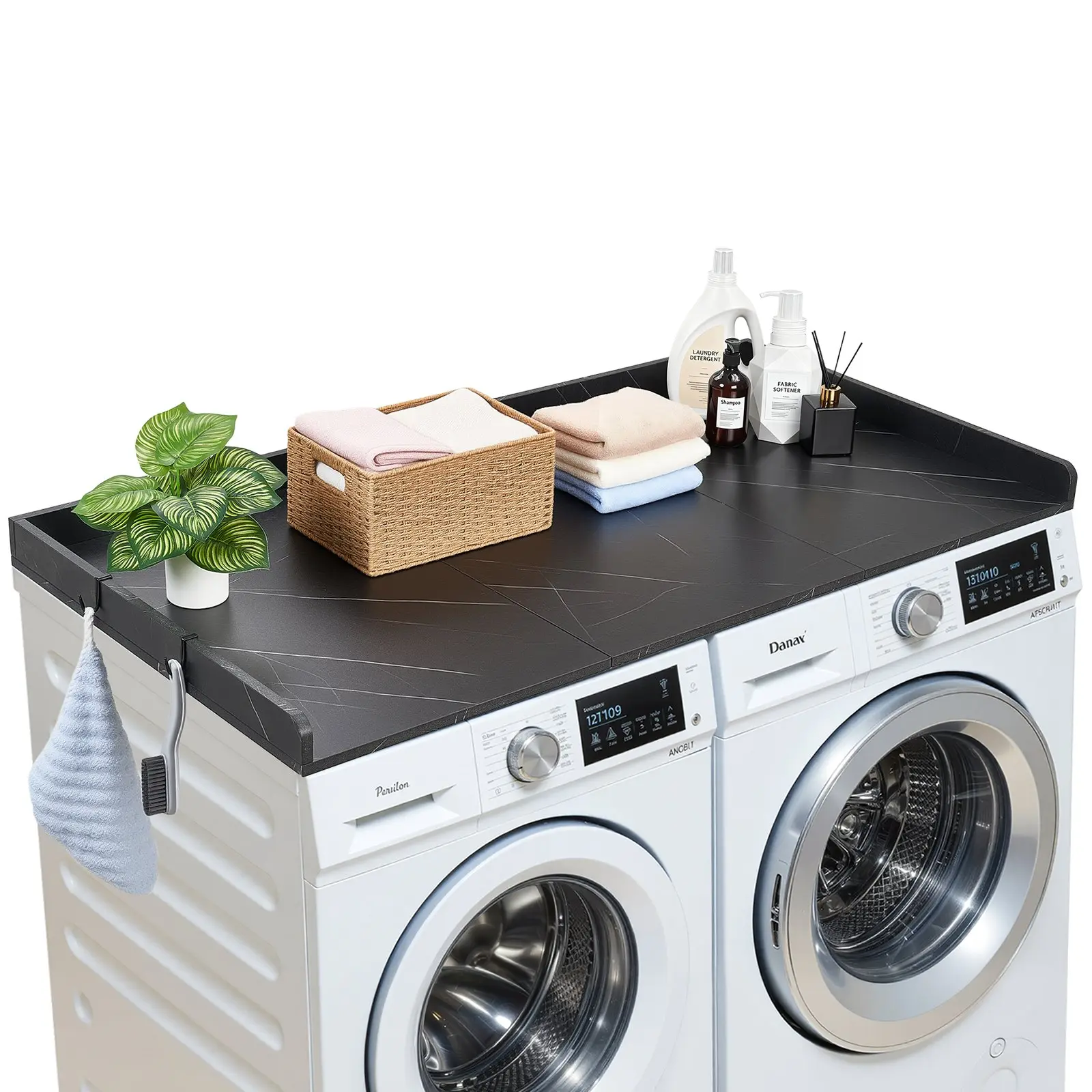 【Father's Day Gift】VEVOR Washer and Dryer Countertop Topper, 54x27.5 in Modern Smooth Marble Topper with Edge & 2 Hooks, Water-Resistant Cleaning Organizer for Detergent Storage & Folding Station