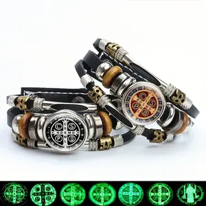 Nightlight St. Benedict Medal Faux Leather Bracelet, Catholic Additions for Men And Women, Adjustable Multi-Layer Bracelet with St. Benedict Dome Glass