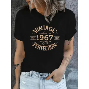 Lady's 1967 Vintage Graphic T-Shirt - Retro Letter Print, Round Neck, Short-Sleeve, Relaxed Fit, White Golden, Nontransparent Material, Machine Washable, Regular Season Wear, Outdoor Style Vibe, Sports & Outdoor Apparel