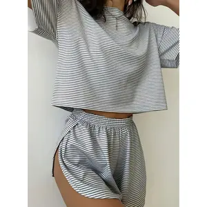 Women'S Casual Gray & White Striped Two-Piece Shorts Set - Soft Polyester Blend, Short Sleeve Crop Top & High-Waisted Shorts, All-Season Comfort Wear, Relaxed Fit, Casual Wear |         Striped Design |         Polyester Blend