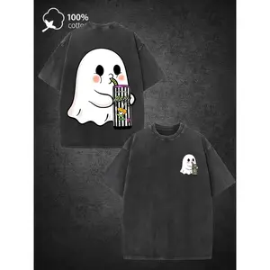 230GSM Double Sided Washed Crew Neck Short Sleeve T Shirt Ghost Drinking Drink Graphic Print Vintage Style Stretch Fabric Casual Top Perfect For Halloween Party Daily Streetwear Outfit