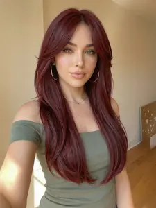 Synthetic Wig, Wine, 22 Inch Long Straight Hair, Layered Design with Bangs, No Glue, Glueless Wig, Suitable for Women, Daily Wear
