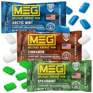 MEG - Military Energy Gum | 100mg of Caffeine Per Piece + Increase Energy + Boost Physical Performance + Multi Flavors of Arctic Mint, Spearmint, & Cinnamon + 3 Packs (15 Count)