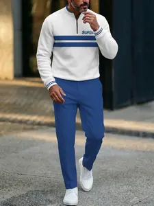 Men's Fashion Casual Long-Sleeve Shirt and Trousers Set — White and Blue Color-Block Style new suit high-end african attire wedding groom