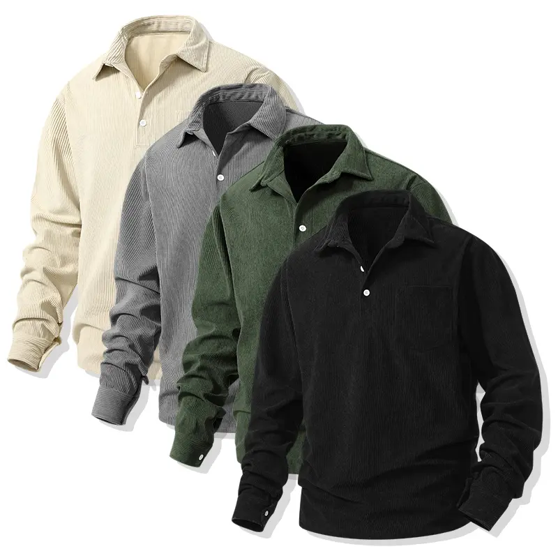 Corduroy long-sleeve polo shirt with a half placket and retro turn-down collar, pullover design, loose fit with textured feel, casual men’s shirt for commuting, versatile for spring and autumn, skin-friendly fabric