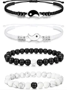 4Pcs Couple Bracelet Yin Yang Howlite Black Matte Agate Beads Bracelet for His&Her Distant Relationship Bracelet Matching for Couples Valentines Gift