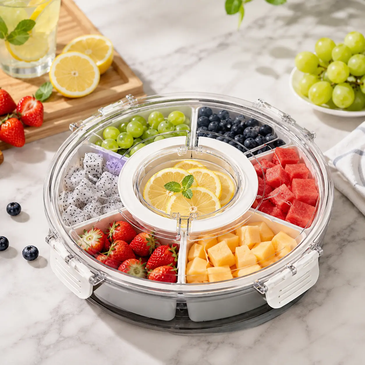 Modern Rotating Snack Biscuit Tray with Lid &Handle, 1 Box Multi-compartment Fruit &Vegetable Insulated Storage Box, PortableSnack Box for Home Kitchen Party Picnic,Reusable Containers, Multipurpose FoodOrganizer, Containers campingessentials