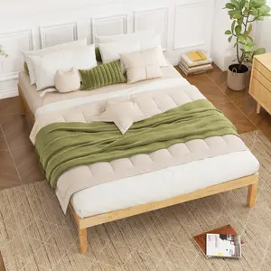 COSTWAY - Full Size Wood Bed Frame with Wooden Slats Support and Rubber Wood Legs-Natural