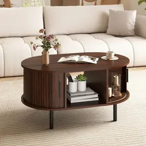COSTWAY Oval Coffee Table, Mid-Century Modern Coffee Table with Storage & Sliding Doors, Fluted Coffee Table Center Table for Living Room, Dining Room, Apartment, Home Office, Black & Walnut
