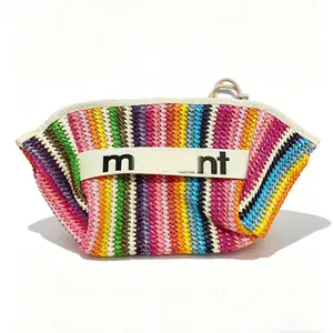 style woven large capacity makeup bag, fashionable woven portable and durable wave pattern makeup bag, suitable for daily and vacation use Bohemian travel and beach makeup bag