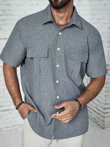 Men's Plus Size Heather Grey Double Pocket Short Sleeve Button Down Workwear Shirt, Breathable Plain Casual Shirt Top for Summer, Daily Wear, Streetwear & Vacation, Casual Loose Top, Casual Outings Shirt