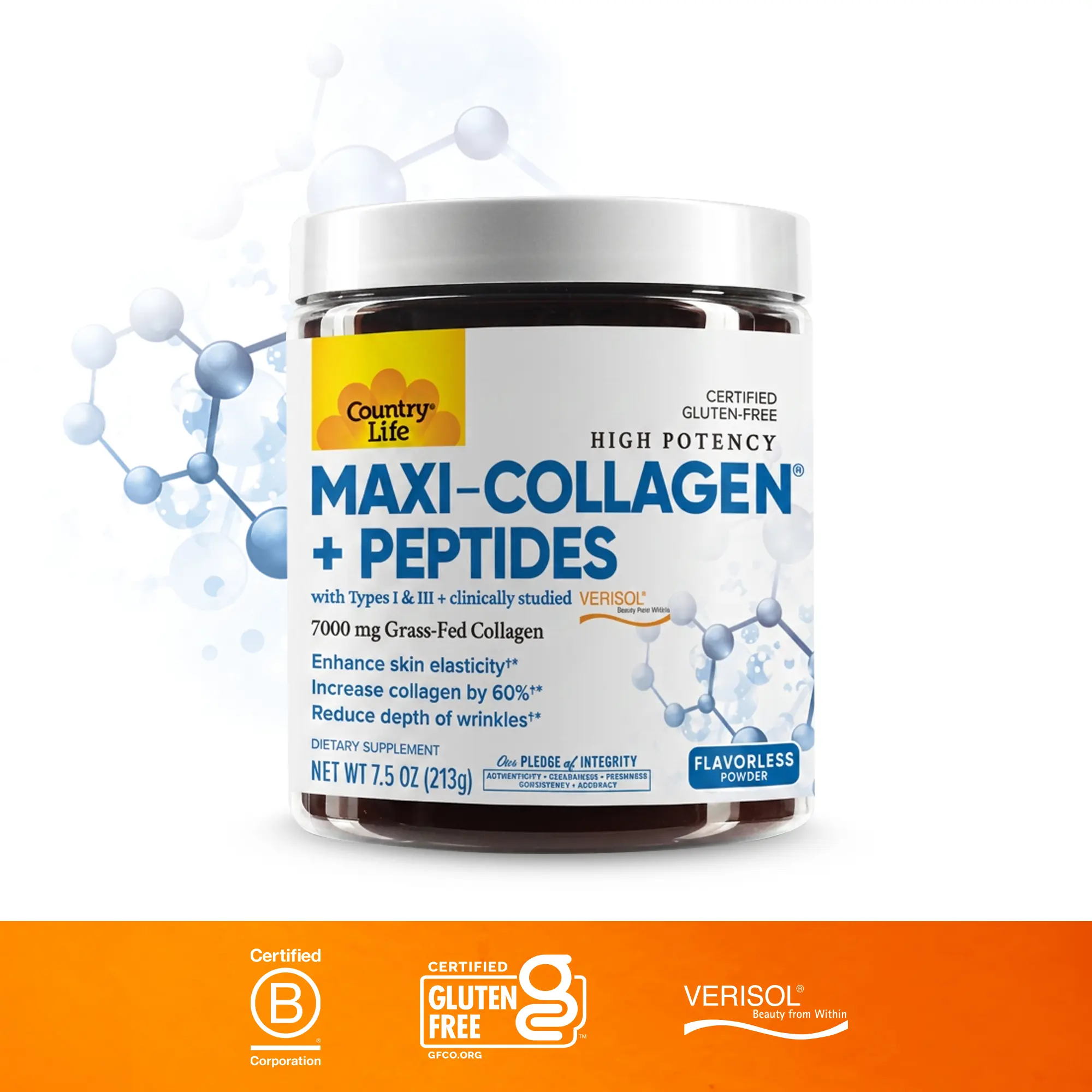 Country Life Maxi-Collagen 7000 Powder - Verisol Bioactive Collagen Peptides, Vitamin C, A & Biotin, 4,500 mg Types I & III Grass-Fed Collagen - Supports Skin, Hair, Nails & Joint Health, 7.5 oz, Beauty Supplement, Collagen for Woman