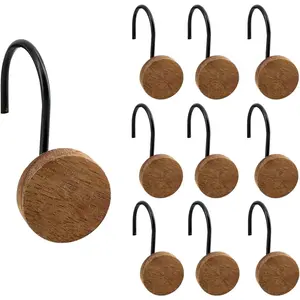 XY-HP02 Shower Curtain Hooks, Wood Decorative Shower Curtain Rings, Modern Round Log Shower Curtain Hangers, 12PCS Shower Hooks for Shower Curtain Rod, Bedroom, Living Room (Black) Metal Wooden