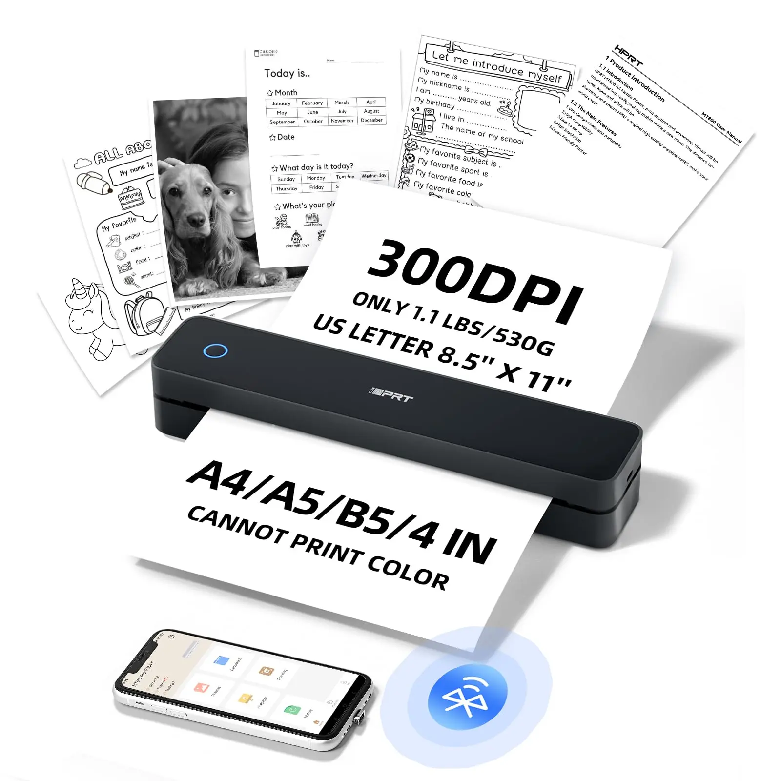 HPRT Portable Printer Wireless for Travel, 300DPI Inkless Thermal Small Printer for Home Use, Office, Vehicles, Mobile Bluetooth Printers Supports 8.5" x 11" US Letter&A4&A5 Size, for Smartphone & PC