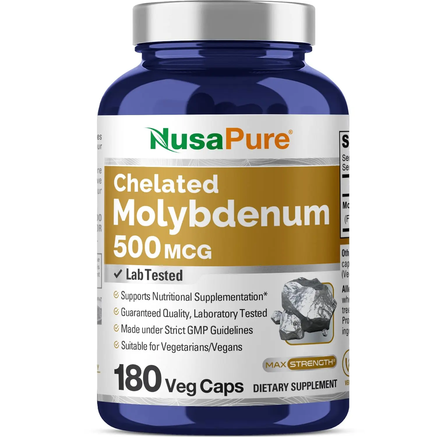 NusaPure Chelated Molybdenum Mineral Supplement for Adults, 500 mcg, 180 Vegan Plant-Based Capsules, GMP-Certified Vitamins Supplements, GMO-Free, Supports Daily Supplemental Nutrition & Nutritional Supplementation, Daily Supplemental Nutrition Support, M
