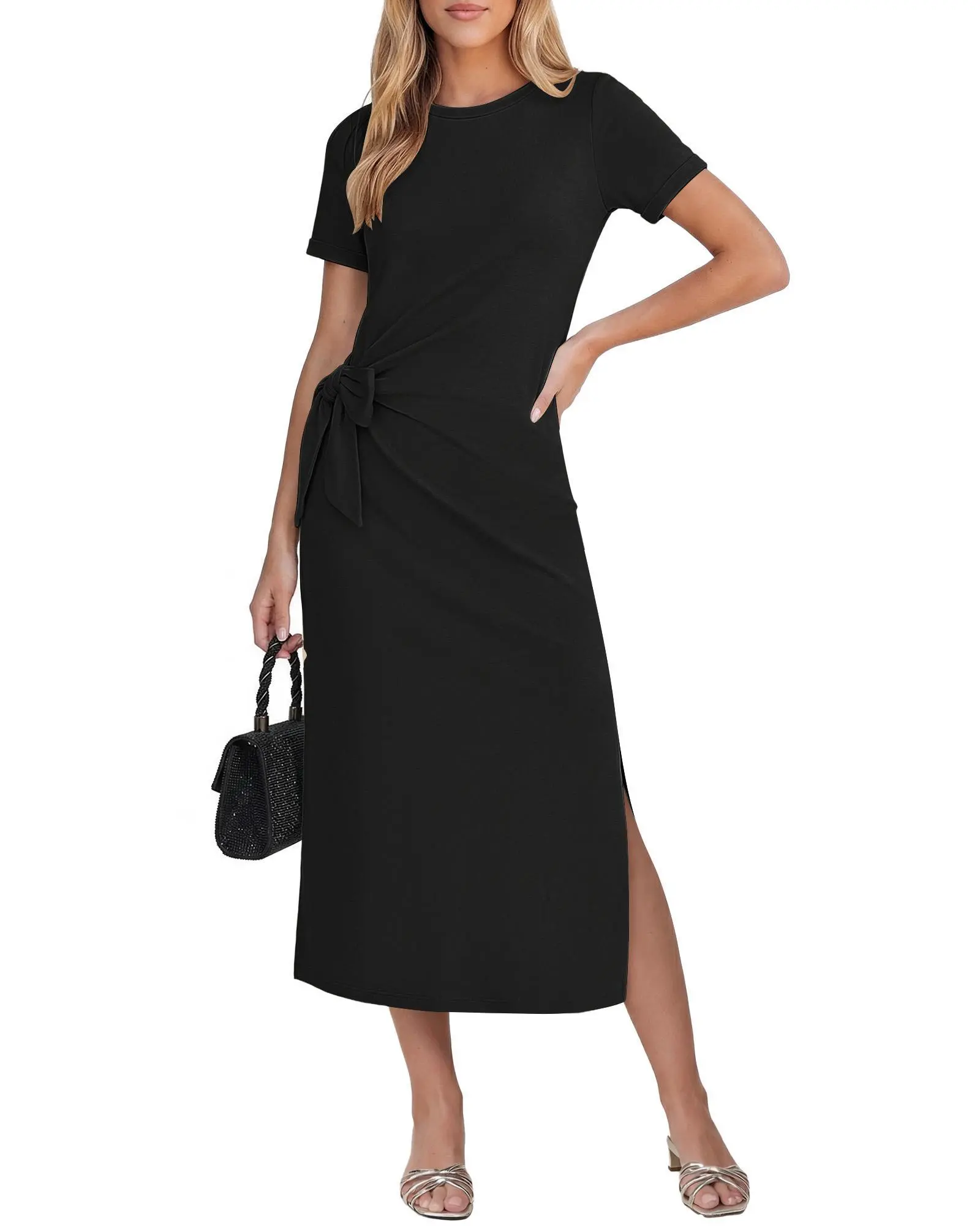 GRAPENT French Minimalist Chic Midi Dress | Cotton Blend T-Shirt Dress with Side Split & Self Tie Waist | Effortless Elegant Summer Vacation Outfit for Women summervibes, Shortsleeve, Elegant Dresses For Women